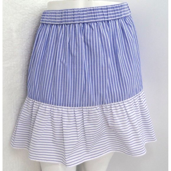 * "LOFT" BLUE & WHITE STRIPED RUFFLED HEM CASUAL COTTON MINI SKIRT SIZE: L NWT - Picture 2 of 5